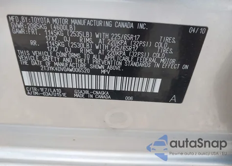 2010 Toyota Rav4 Limited V6 z USA, uszkodzony, nr VIN 2T3YK4DV0AW006520